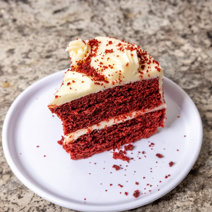A slice of red velvet cake with white cream cheese frosting and red crumbs on a white plate.